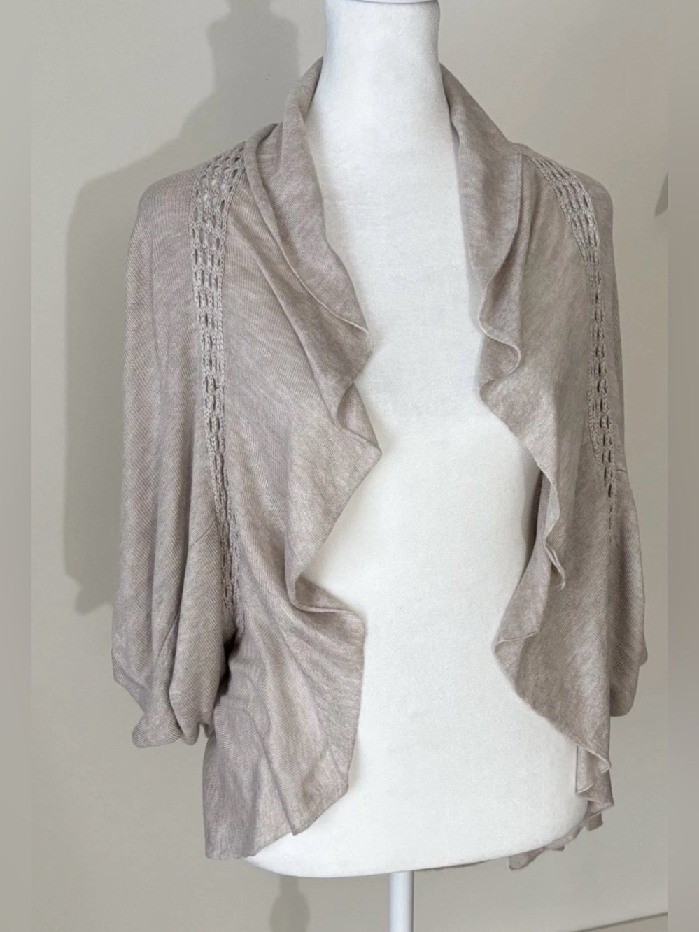 Light Taupe Ruffle Open-Front Sweater Cardigan - Women Cotton